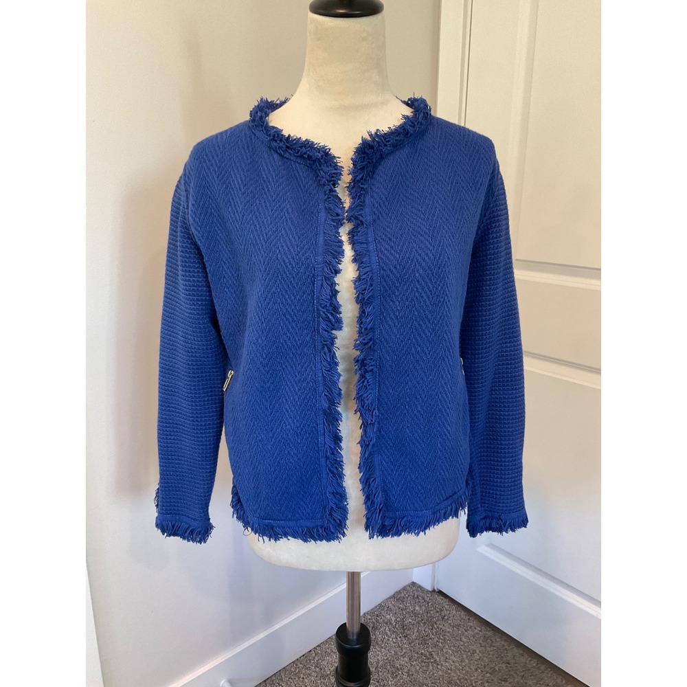 Nic+Zoe Cobalt Blue Fringed Textured Knit Open Front Jacket Preppy Chic